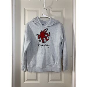 Keith Haring Hoodie Kids XL Gray Graphic Pullover Sweatshirt Pop Art Street Art
